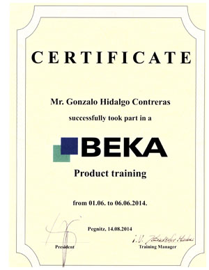 Certificado de Beka - Product training de Gonzalo Higalgo Contreras.