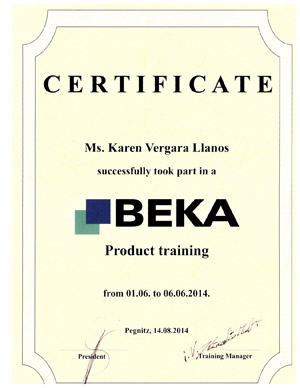 Certificado de Beka - Product training de Karen Vergara Llanos.