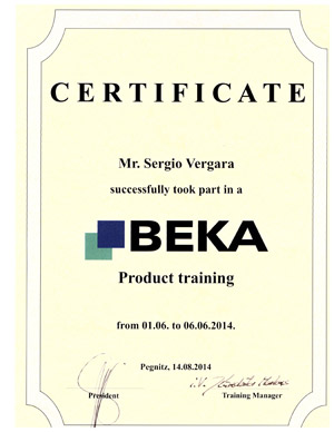 Certificado de Beka - Product training de Sergio Vergara.